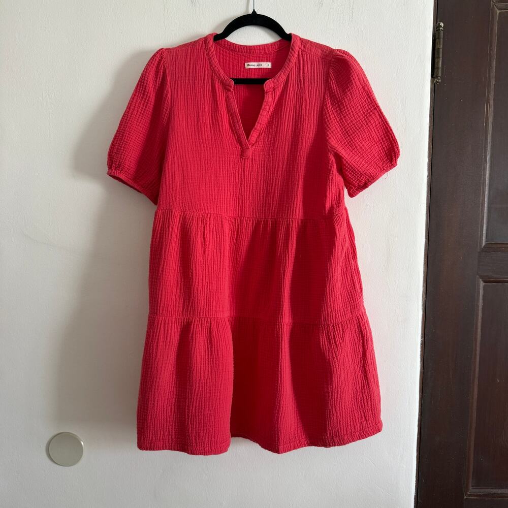 MARINE LAYER |  Red Jamie Short Sleeve Gauze Tiered Mini Dress  Small
